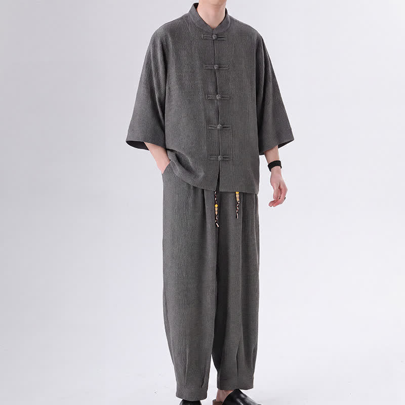 Buddha Stones 春の唐スタイル七分袖カエルボタン無地シャツパンツメンズ瞑想服ポケット付き2点セット - 薄暗い灰色 - US/UK/AU46、 EU56 (5XL) - image 9