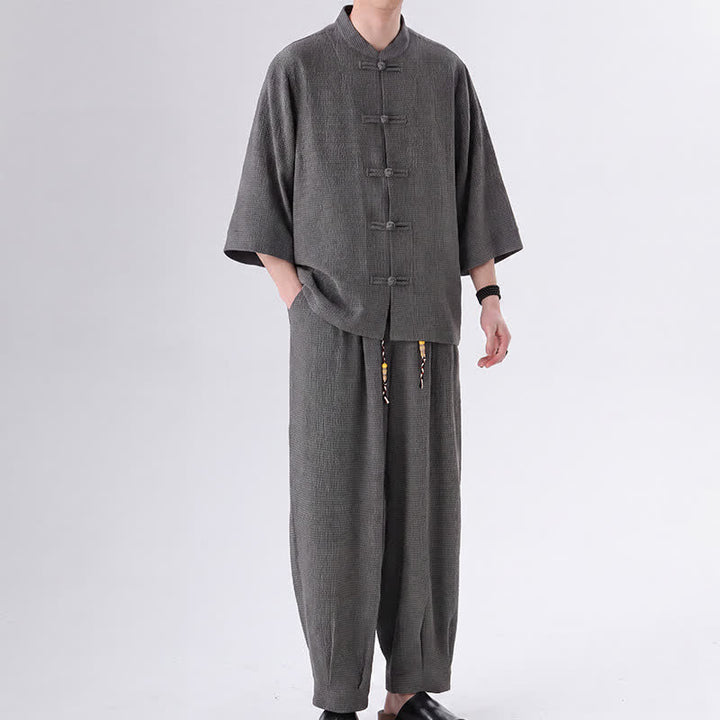 Buddha Stones 春の唐スタイル七分袖カエルボタン無地シャツパンツメンズ瞑想服ポケット付き2点セット - 薄暗い灰色 - US/UK/AU46、 EU56 (5XL) - image 9