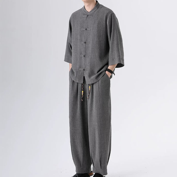 Buddha Stones 春の唐スタイル七分袖カエルボタン無地シャツパンツメンズ瞑想服ポケット付き2点セット - image 11