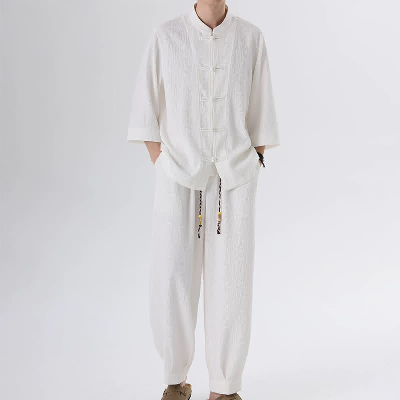 Buddha Stones 春の唐スタイル七分袖カエルボタン無地シャツパンツメンズ瞑想服ポケット付き2点セット - image 13