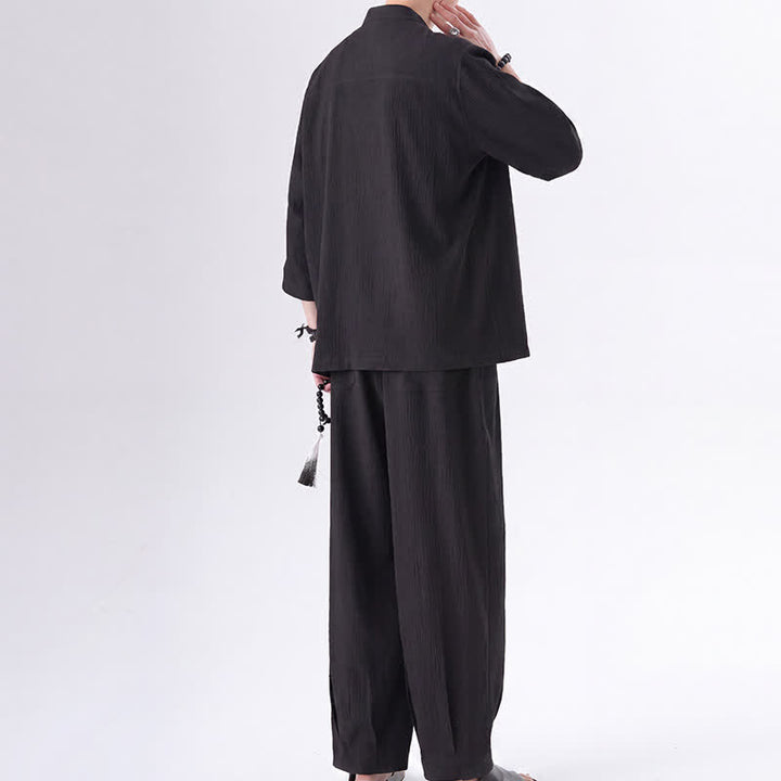 Buddha Stones 春の唐スタイル七分袖カエルボタン無地シャツパンツメンズ瞑想服ポケット付き2点セット - image 2