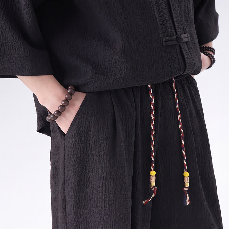 Buddha Stones 春の唐スタイル七分袖カエルボタン無地シャツパンツメンズ瞑想服ポケット付き2点セット - image 6