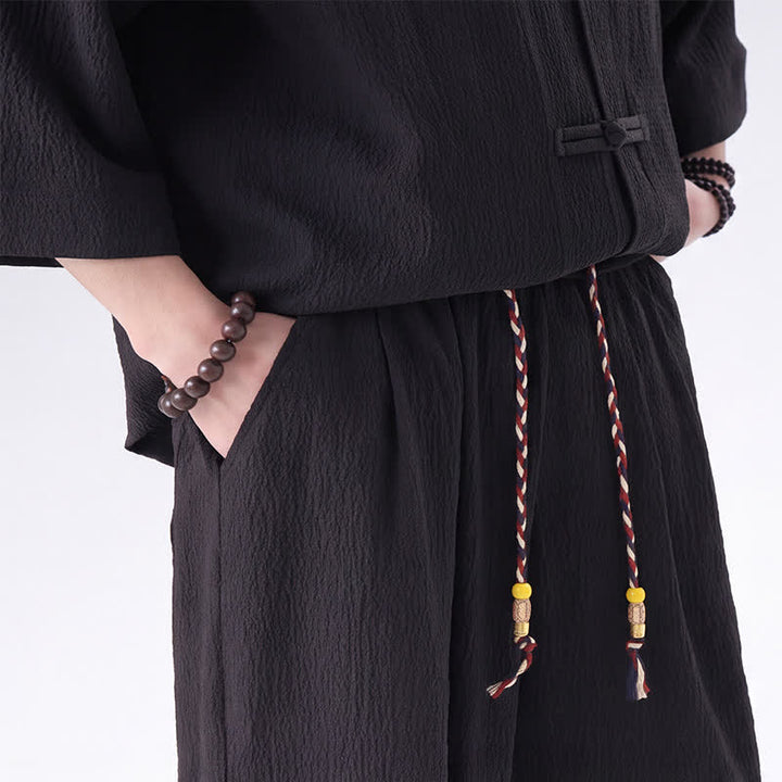 Buddha Stones 春の唐スタイル七分袖カエルボタン無地シャツパンツメンズ瞑想服ポケット付き2点セット - image 6