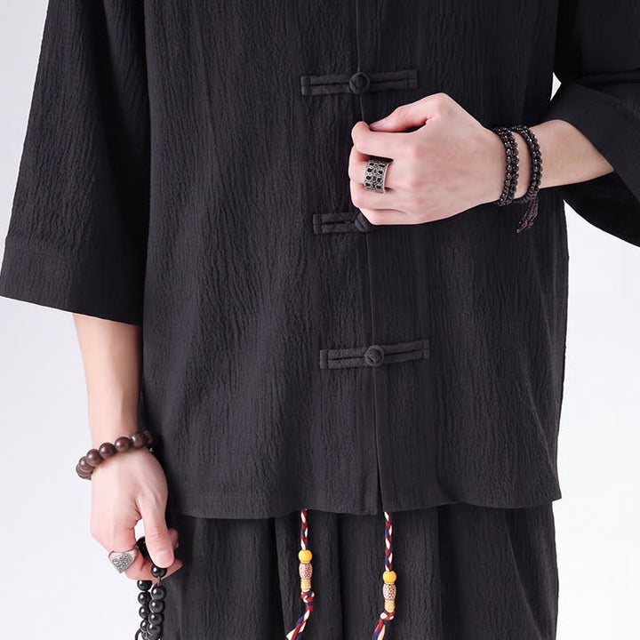 Buddha Stones 春の唐スタイル七分袖カエルボタン無地シャツパンツメンズ瞑想服ポケット付き2点セット - image 5