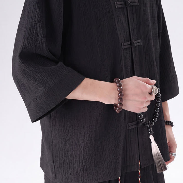 Buddha Stones 春の唐スタイル七分袖カエルボタン無地シャツパンツメンズ瞑想服ポケット付き2点セット - image 4