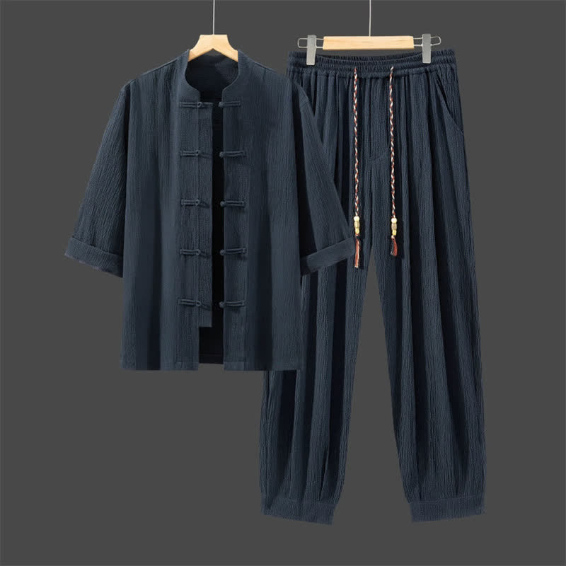 Buddha Stones 春の唐スタイル七分袖カエルボタン無地シャツパンツメンズ瞑想服ポケット付き2点セット - ミッドナイトブルー - US/UK/AU46、 EU56 (5XL) - image 16