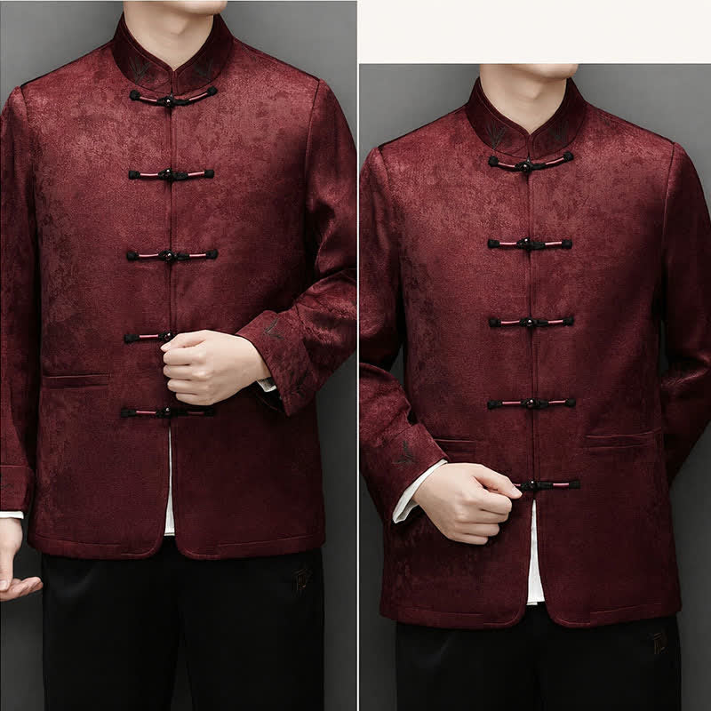 Buddha Stones 秋冬用唐風エレガントカエルボタンマンダリンカラー抽象柄ジャケットパンツメンズ瞑想服ポケット付き2点セット - image 9