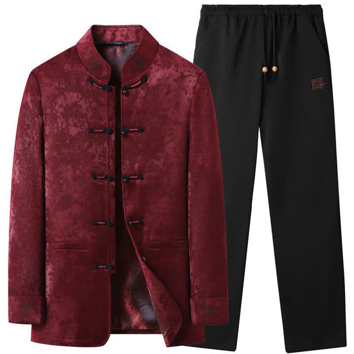 Buddha Stones 秋冬用唐風エレガントカエルボタンマンダリンカラー抽象柄ジャケットパンツメンズ瞑想服ポケット付き2点セット - 耐火レンガ - US/UK/AU44、 EU54 (4XL) - image 0