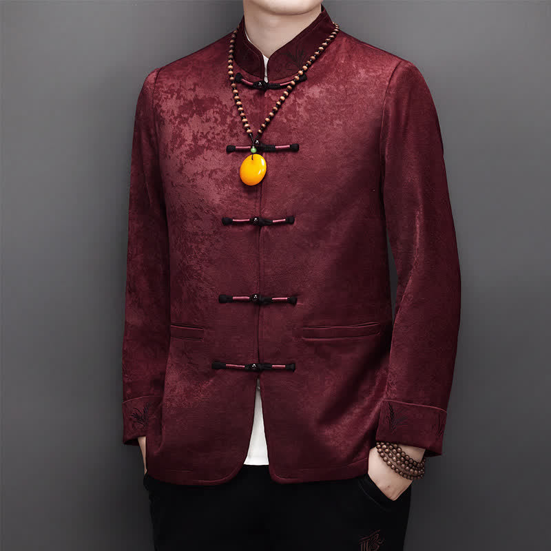 Buddha Stones 秋冬用唐風エレガントカエルボタンマンダリンカラー抽象柄ジャケットパンツメンズ瞑想服ポケット付き2点セット - image 4