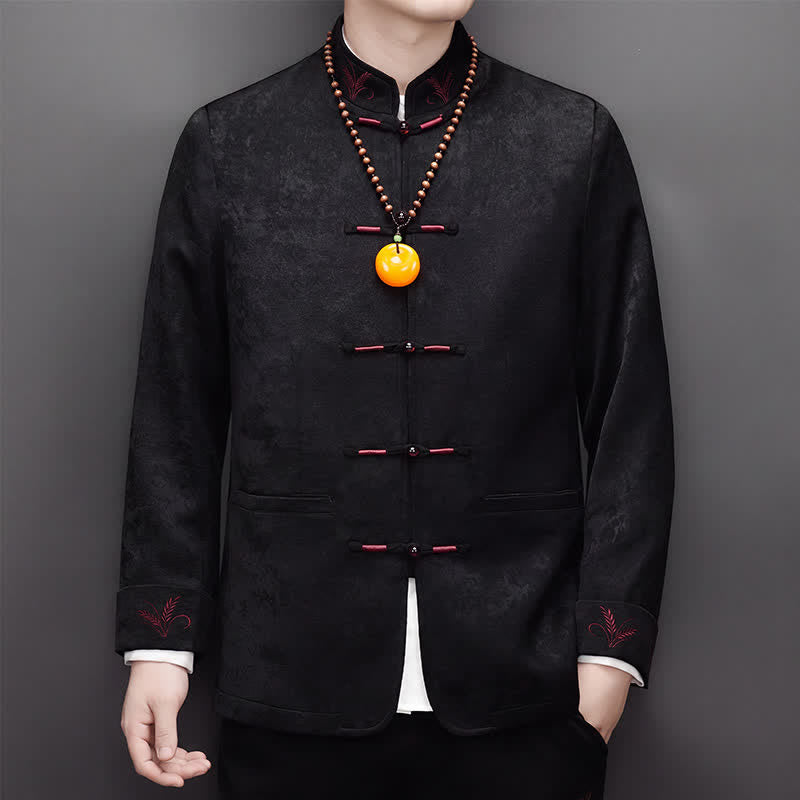 Buddha Stones 秋冬用唐風エレガントカエルボタンマンダリンカラー抽象柄ジャケットパンツメンズ瞑想服ポケット付き2点セット - image 17