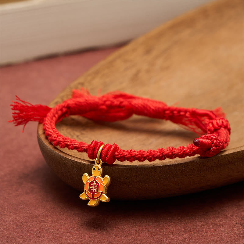 Buddha Stones 亀のチャーム付き、金メッキ銅製、赤紐、バランスチベットブレスレット - image 1