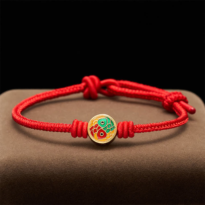Buddha Stones 赤紐の二匹の鯉の縁起の良いブレスレット - 赤 - 6.7～7.5インチ/17～19cm - image 0