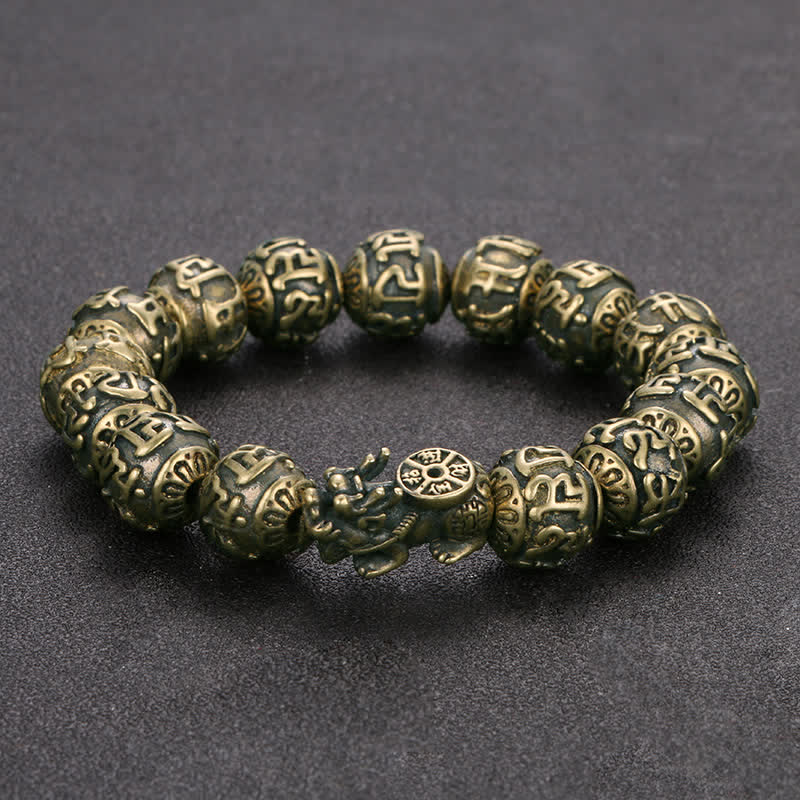 Buddha Stones アンティーク真鍮製貔貅（ひきゅう）オーム・マニ・パドメ・フム開運財運ブレスレット - 真鍮製貔貅（手首周り：16.5～18cm） - image 0