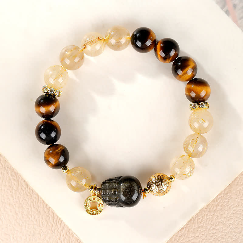 Buddha Stones 風水タイガーアイ貔貅（ひきゅう）金色のルチルクォーツ富のビーズブレスレット - タイガーアイ貔貅ブレスレット - 8mm（手首周り：5.9～6.3インチ／15～16cm） - image 0