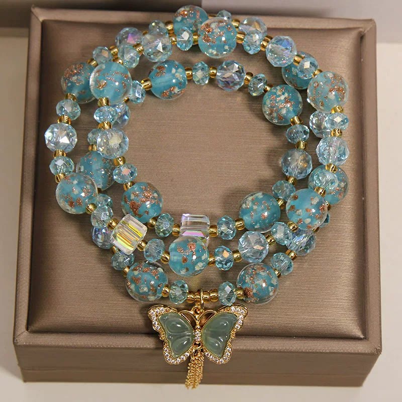 Buddha Stones ブルー・リウリ・グラス ビーズ バタフライ トランスフォーメーション トリプルラップブレスレット - image 1