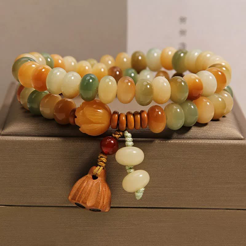 Buddha Stones ホワイト菩提樹の種入り蓮の花の純潔ダブルラップブレスレット - ダブルラップ（手首周り：5.5～5.9インチ（14～15cm）） - image 0