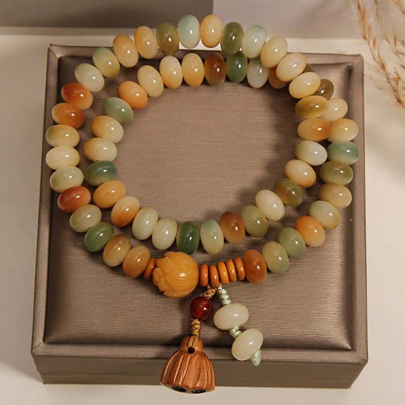 Buddha Stones ホワイト菩提樹の種入り蓮の花の純潔ダブルラップブレスレット - image 1