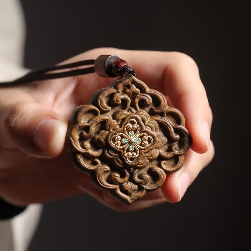Buddha Stones 唐時代のスオウ彫刻花和模様ネックレス - 唐代の花柄デザイン（調和♥豊かさ） - image 0
