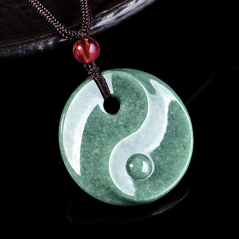 Buddha Stones グリーンジェイドの陰陽バランス編み込みコードネックレス - image 1