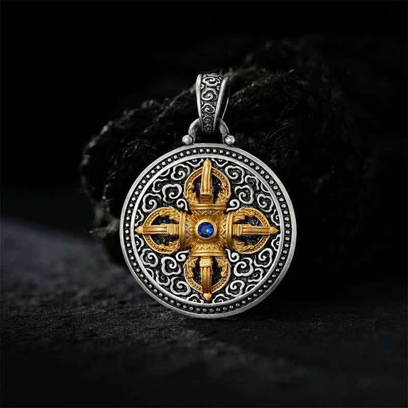 Buddha Stones チベット銅製交差ヴァジュラオーム・マニ・パドメ・フム知恵のグラウンディング ラウンドペンダントネックレス - image 1