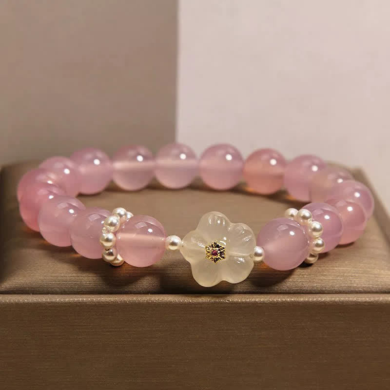 Buddha Stones パープルアゲート、ホワイトアゲート、フラワーインテュイション、パールアクセントブレスレット - ピンクアゲート（手首周り：15～17cm） - image 0