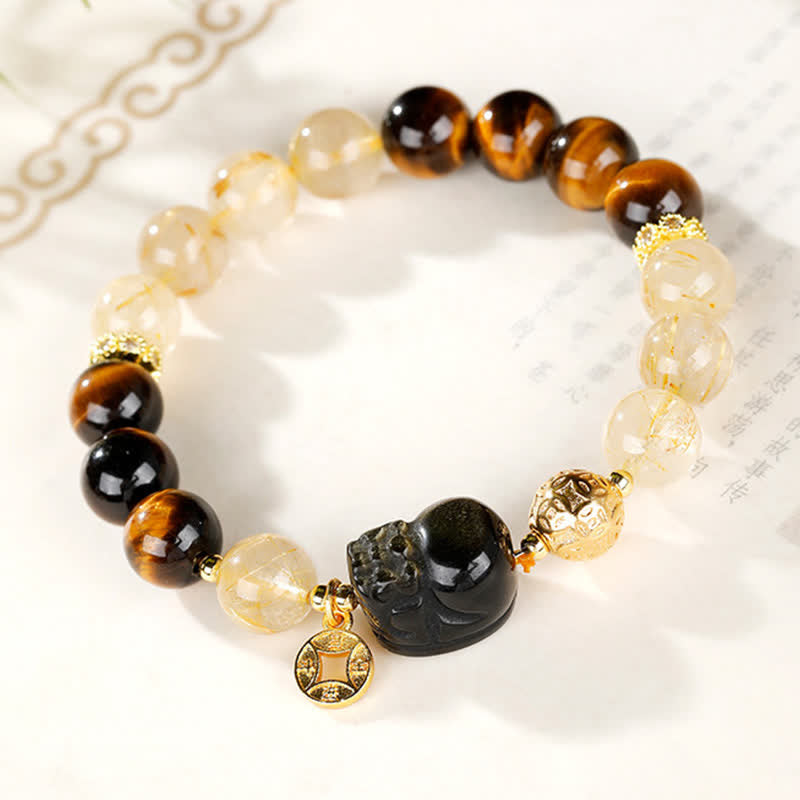 Buddha Stones 風水タイガーアイ貔貅（ひきゅう）金色のルチルクォーツ富のビーズブレスレット - image 1