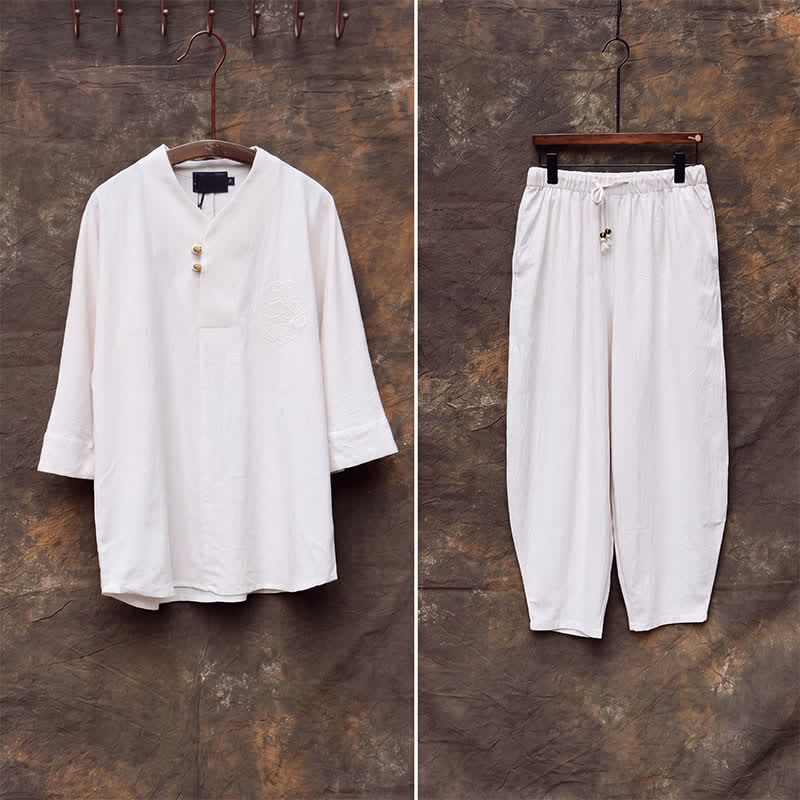 Buddha Stones 春夏向け唐風マンダリンカラーシャツパンツ2点セット　刺繍入り無地コットンメンズ瞑想服（ポケット付き） - image 5