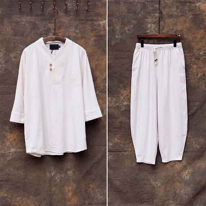 Buddha Stones 春夏向け唐風マンダリンカラーシャツパンツ2点セット　刺繍入り無地コットンメンズ瞑想服（ポケット付き） - image 5