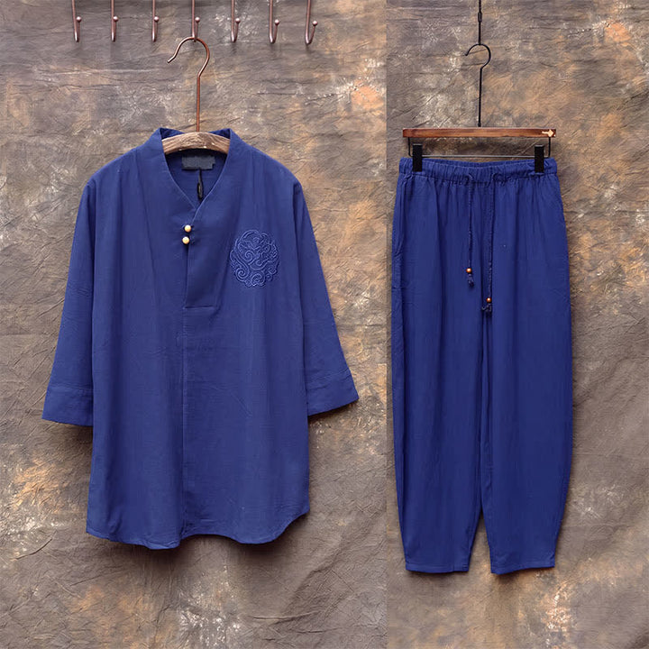 Buddha Stones 春夏向け唐風マンダリンカラーシャツパンツ2点セット　刺繍入り無地コットンメンズ瞑想服（ポケット付き） - image 19