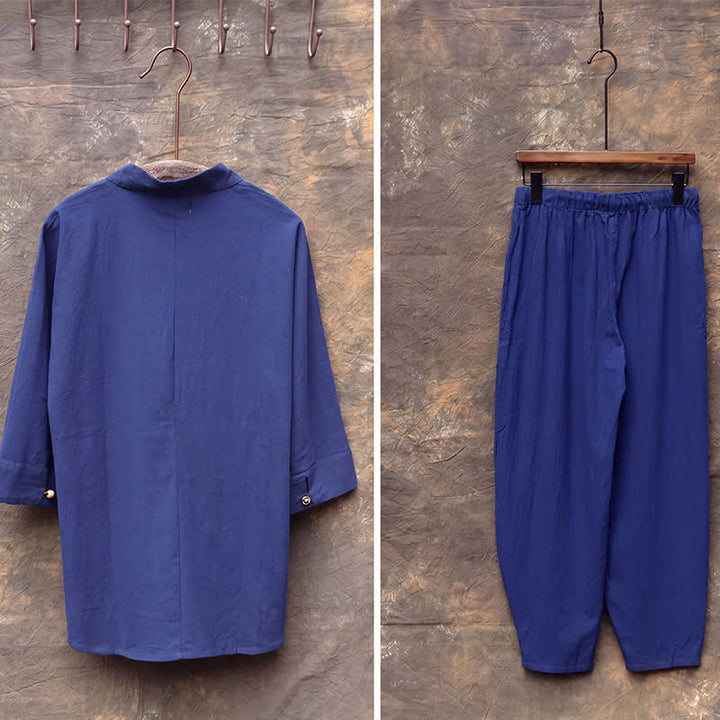 Buddha Stones 春夏向け唐風マンダリンカラーシャツパンツ2点セット　刺繍入り無地コットンメンズ瞑想服（ポケット付き） - image 20
