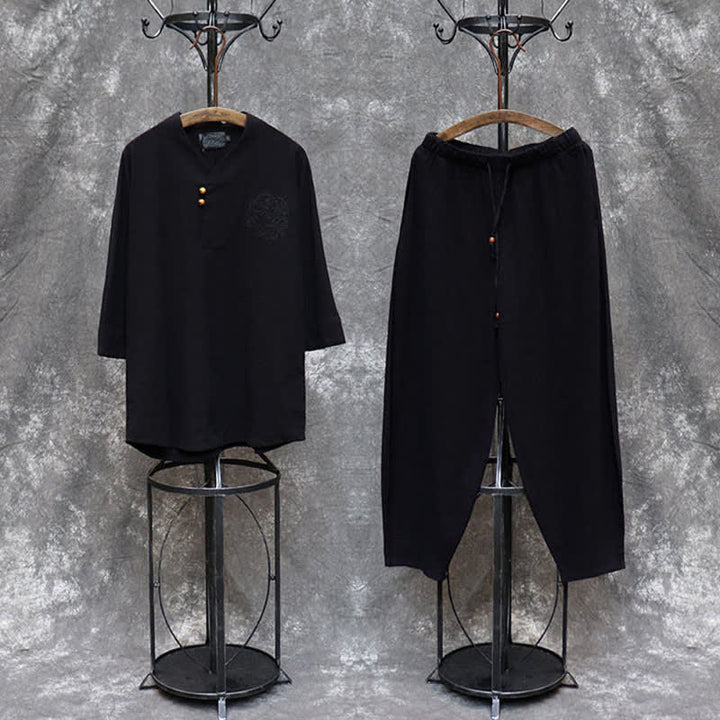 Buddha Stones 春夏向け唐風マンダリンカラーシャツパンツ2点セット　刺繍入り無地コットンメンズ瞑想服（ポケット付き） - image 24