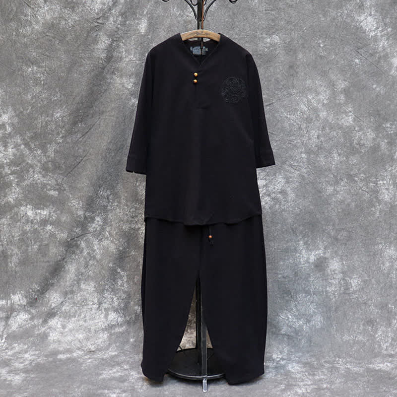 Buddha Stones 春夏向け唐風マンダリンカラーシャツパンツ2点セット　刺繍入り無地コットンメンズ瞑想服（ポケット付き） - image 23