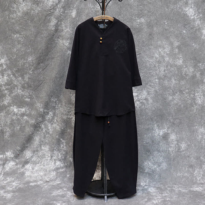 Buddha Stones 春夏向け唐風マンダリンカラーシャツパンツ2点セット　刺繍入り無地コットンメンズ瞑想服（ポケット付き） - image 23