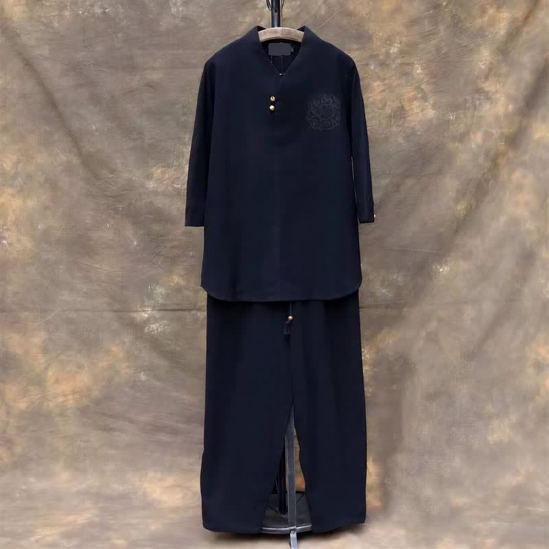 Buddha Stones 春夏向け唐風マンダリンカラーシャツパンツ2点セット　刺繍入り無地コットンメンズ瞑想服（ポケット付き） - 黒 - US/UK/AU46、 EU56 (5XL) - image 22