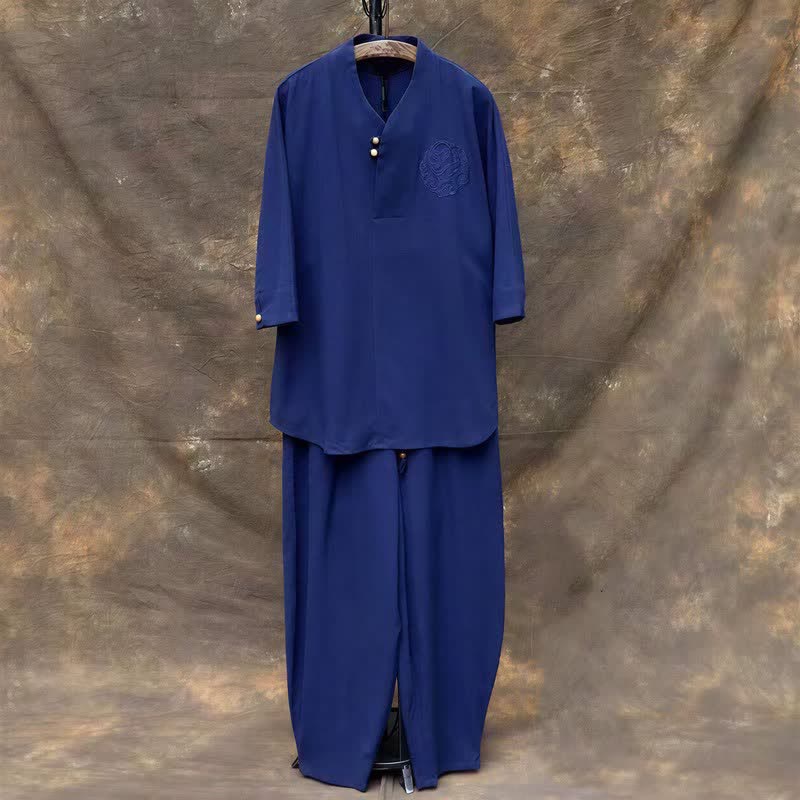 Buddha Stones 春夏向け唐風マンダリンカラーシャツパンツ2点セット　刺繍入り無地コットンメンズ瞑想服（ポケット付き） - ロイヤルブルー - US/UK/AU46、 EU56 (5XL) - image 18
