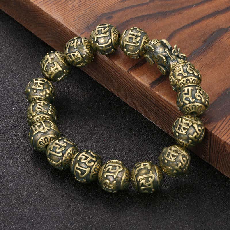 Buddha Stones アンティーク真鍮製貔貅（ひきゅう）オーム・マニ・パドメ・フム開運財運ブレスレット - image 1