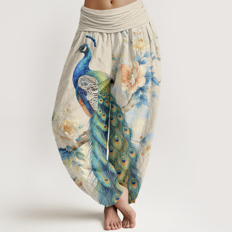 Buddha Stones コットン製孔雀柄レディースゴムウエストハーレムパンツ - 象牙 - US16、 UK/AU20、 EU48 (3XL) - image 0