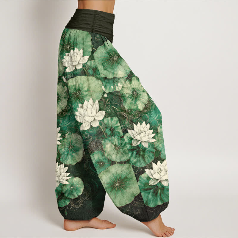 Buddha Stones コットン素材の蓮池柄レディースゴムウエストハーレムパンツ - image 1