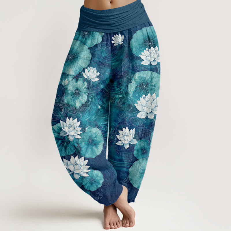 Buddha Stones コットン素材の蓮池柄レディースゴムウエストハーレムパンツ - ティール - US16、 UK/AU20、 EU48 (3XL) - image 5