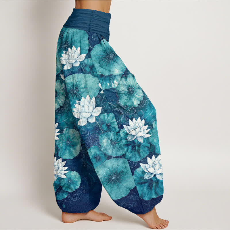Buddha Stones コットン素材の蓮池柄レディースゴムウエストハーレムパンツ - image 6