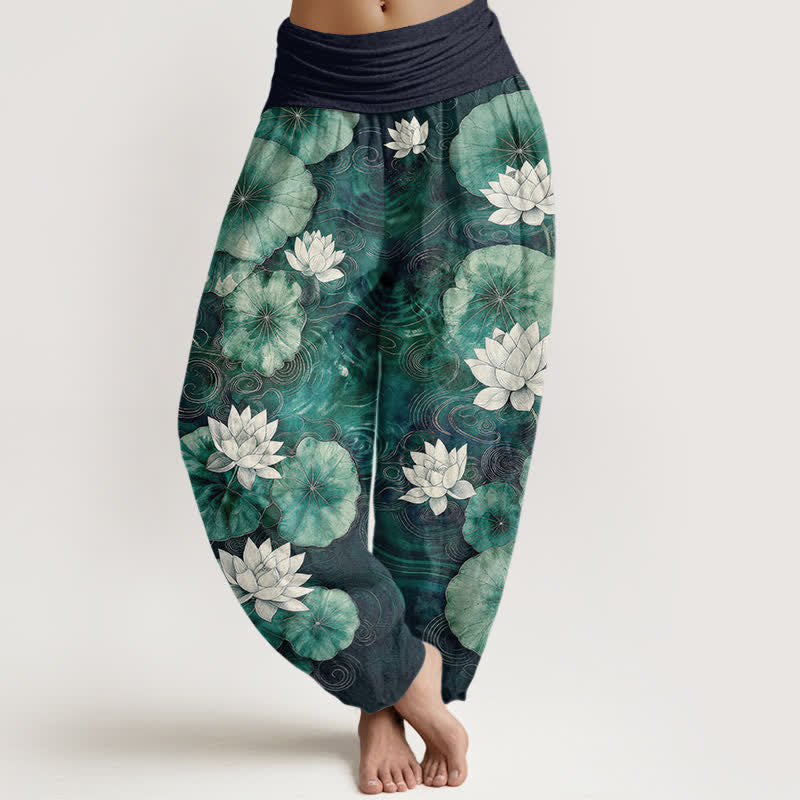 Buddha Stones コットン素材の蓮池柄レディースゴムウエストハーレムパンツ - 海軍 - US16、 UK/AU20、 EU48 (3XL) - image 8