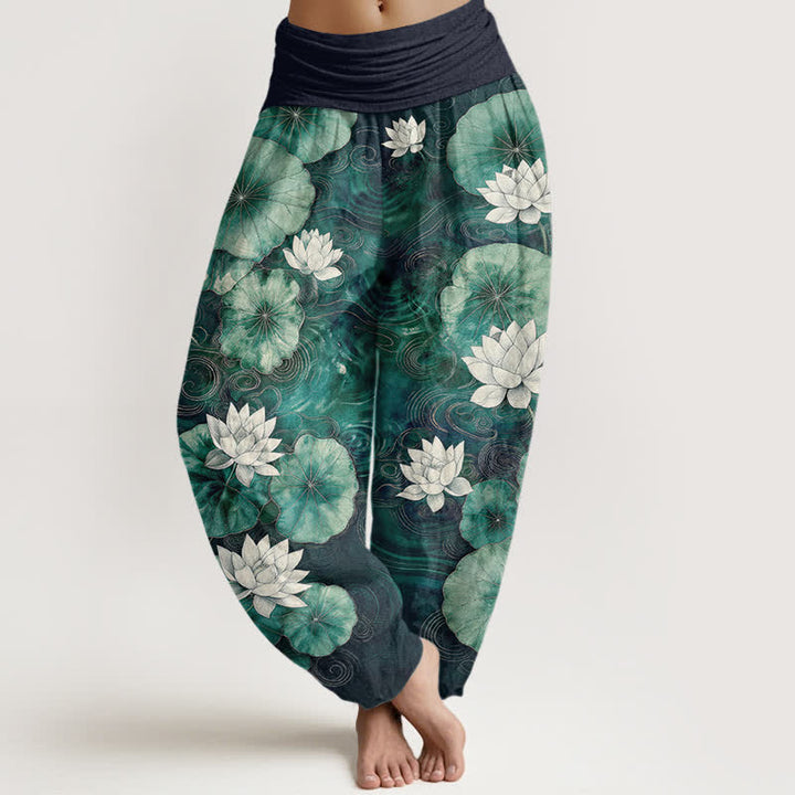 Buddha Stones コットン素材の蓮池柄レディースゴムウエストハーレムパンツ - 海軍 - US16、 UK/AU20、 EU48 (3XL) - image 8