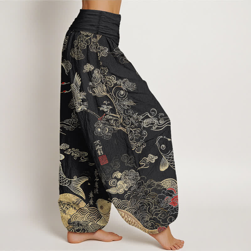Buddha Stones 綿素材の鶴と鯉と雲の模様のレディース用ゴムウエストハーレムパンツ - image 1