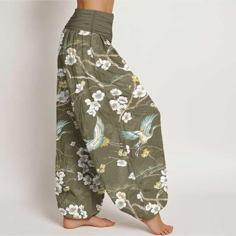 Buddha Stones 綿素材の白花鶴柄レディースゴムウエストハーレムパンツ - image 6