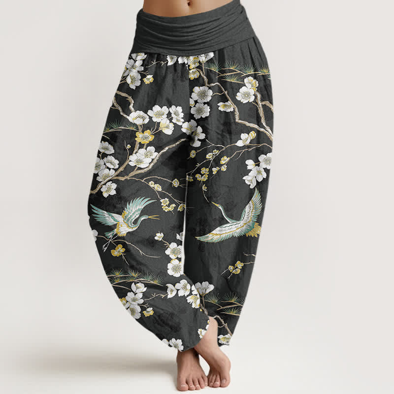 Buddha Stones 綿素材の白花鶴柄レディースゴムウエストハーレムパンツ - 黒 - US16、 UK/AU20、 EU48 (3XL) - image 8
