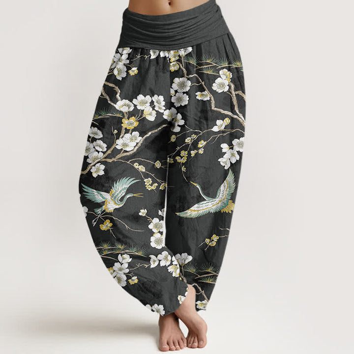 Buddha Stones 綿素材の白花鶴柄レディースゴムウエストハーレムパンツ - 黒 - US16、 UK/AU20、 EU48 (3XL) - image 8