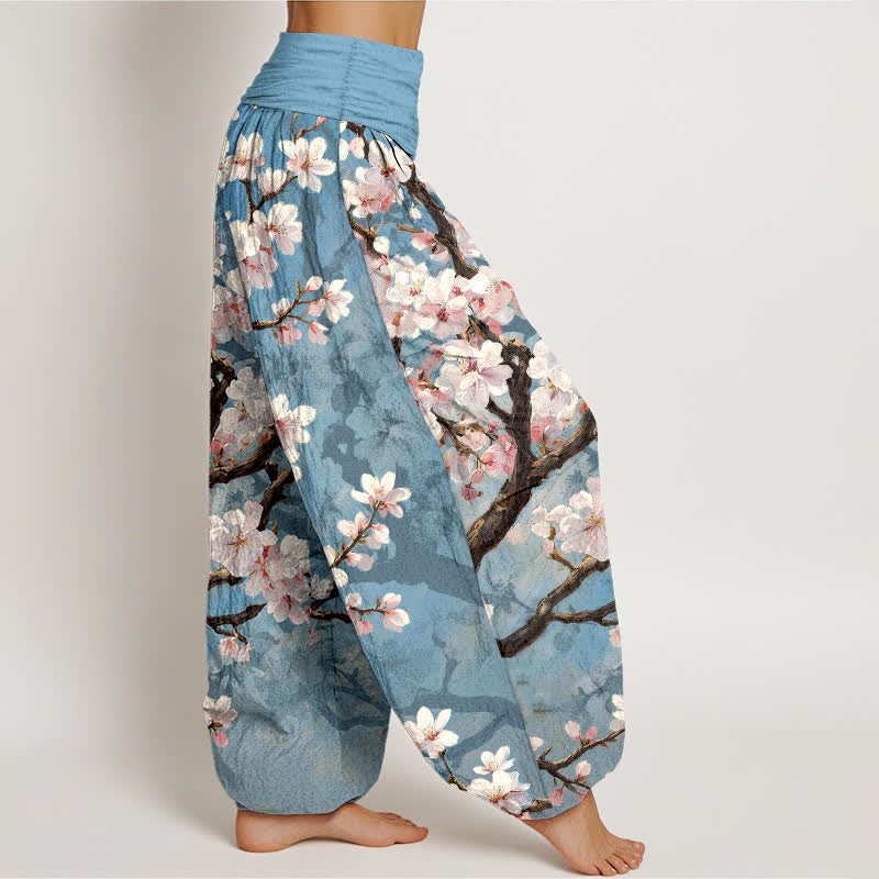 Buddha Stones 綿素材の桜の枝柄レディースゴムウエストハーレムパンツ - image 1