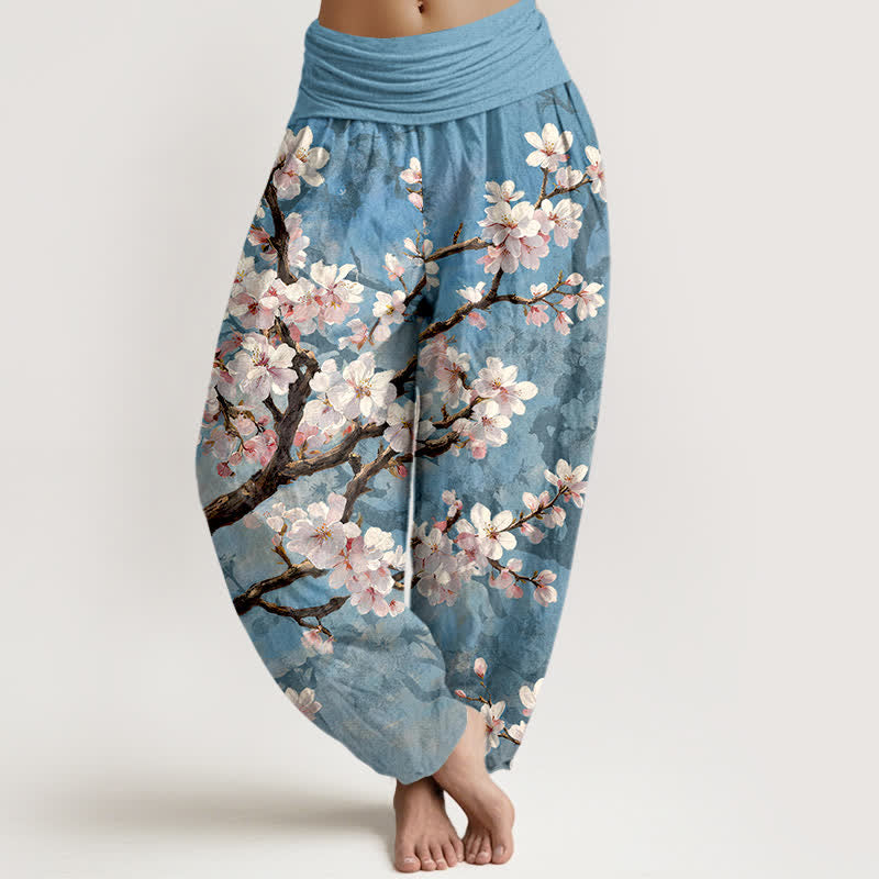 Buddha Stones 綿素材の桜の枝柄レディースゴムウエストハーレムパンツ - 水色 - US16、 UK/AU20、 EU48 (3XL) - image 0
