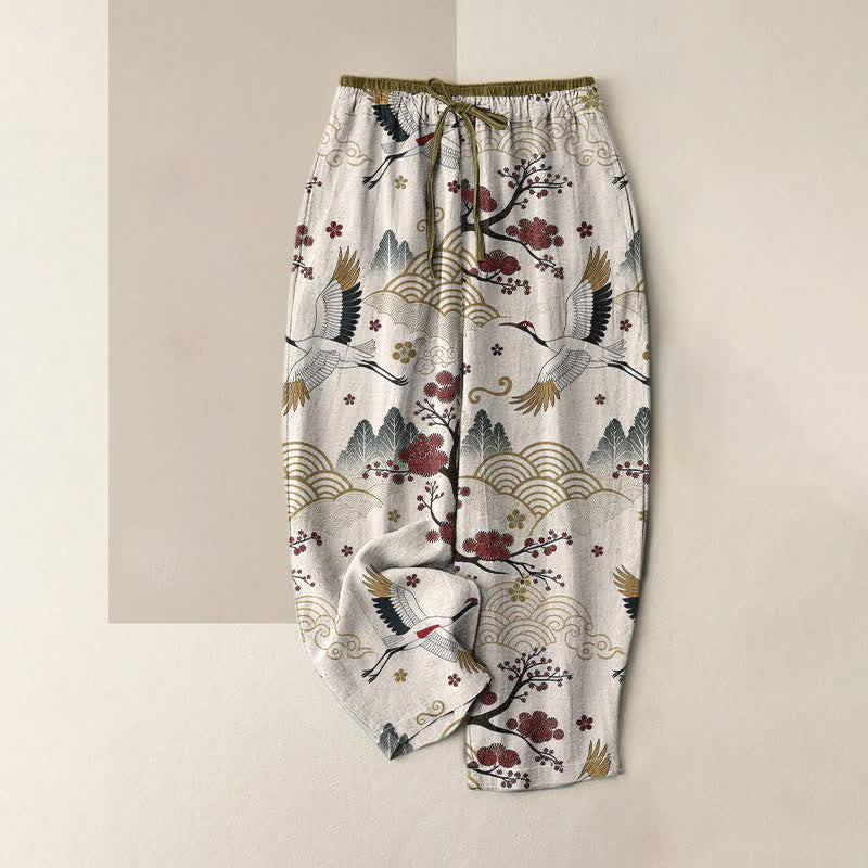 Buddha Stones 純綿素材、優雅な鶴と梅の花柄、ウエストゴム入り、ポケット付きレディースパンツ - 象牙 - US16、 UK/AU20、 EU48 (3XL) - image 0