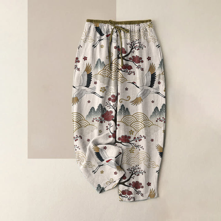 Buddha Stones 純綿素材、優雅な鶴と梅の花柄、ウエストゴム入り、ポケット付きレディースパンツ - 象牙 - US16、 UK/AU20、 EU48 (3XL) - image 0